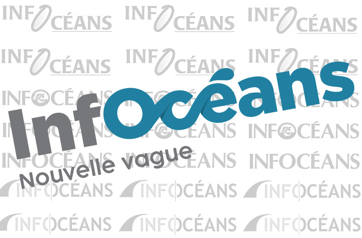 La nouvelle signature graphique d’Infocéans, nouvelle vague. En filigrane, les quatre anciennes signatures d’Infocéans. 