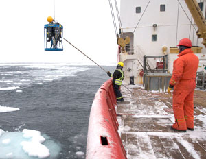 Placing a rosette in the water to collect water samples