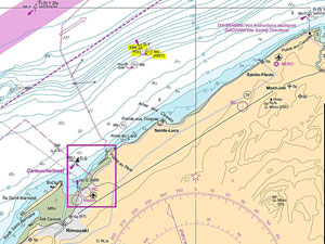 La carte 1236, produite en 1983 par le Service hydrographique du Canada, est la première carte récente qui localise l’épave de l’Empress of Ireland (surligné en jaune). 