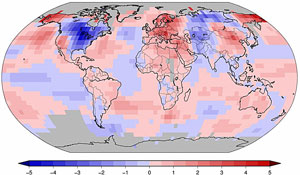 Écart de température (°C) par rapport à la moyenne de 1981-2010 pour la période de janvier à mars 2014. Source : National Oceanographic and Atmospheric Administration. 