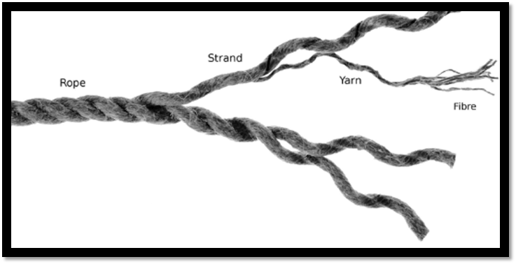 Parts of rope: from thickest to thinnest: Rope, Strand, Yarn, Fibre