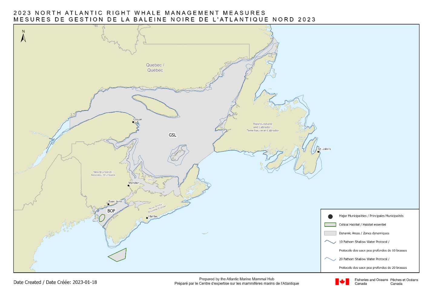 Mesuresde gestion de la baleine noire de l'Atlantique Nord 2023. Mappe montrant les zones pour : Habitat essentiel; Zones dynamiques; Protocole des eaux peu profondes de 10 brasses; Protocole des eaux peu profondes de 20 brasses. Date créée: 2023-01-18. Préparé par le Centre d'expertise sur les mammifères marins de l'Atlentique.