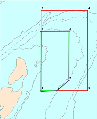 Les lignes reliant dans l’ordre les points 1, 2, 3, 4 et 1 (rouge) représentent la zone fermée en permanence, c’est-à-dire une partie de la boîte de Miscou traditionnelle.•	Les lignes reliant dans l’ordre les points 2, 5, 6, 7, 8 et 2 représentent la portion ouverte pour la pêche dirigée au flétan atlantique entre le 24 juin et le 31 décembre (en noir).
