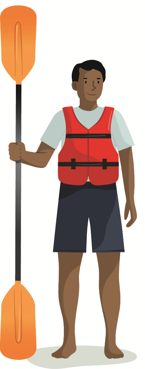 Illustration d’un homme tenant une pagaie jaune de kayak et portant un gilet de sauvetage rouge.