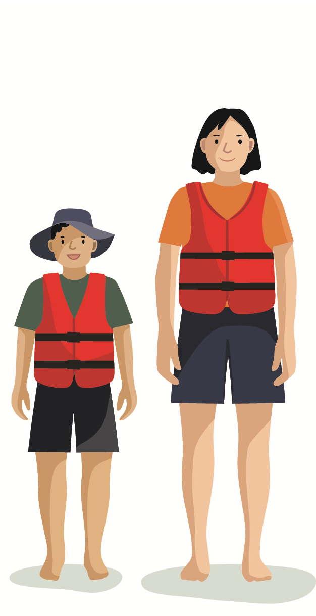  Illustration d’une femme et d’un enfant portant leur veste de sauvetage rouge.