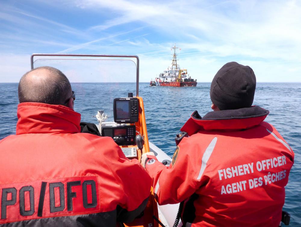 Photo showing two fisheries officers in a boat heading toward a Canadian Coast Guard ship