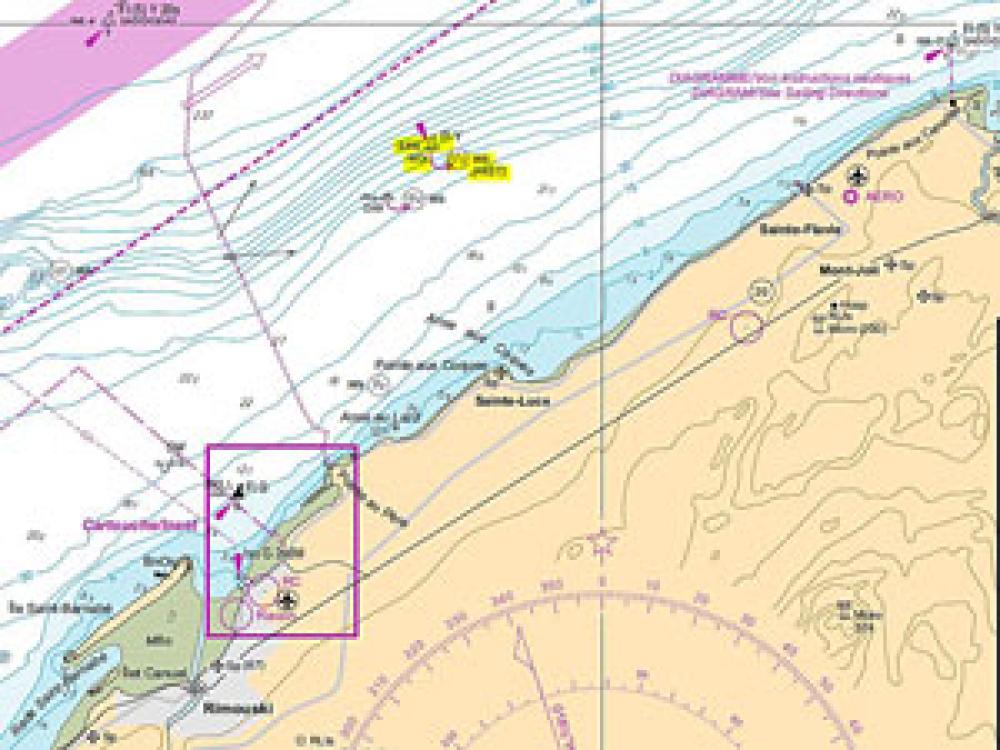Chart 1236, produced in 1983 by the Canadian Hydrographic Service, is the first recent chart to show the Empress of Ireland's location (highlighted in yellow). 