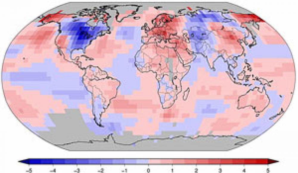 Écart de température (°C) par rapport à la moyenne de 1981-2010 pour la période de janvier à mars 2014. Source : National Oceanographic and Atmospheric Administration.