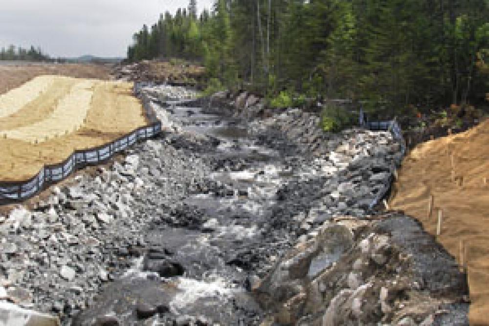 Mitigation measures implemented during watercourse restoration work along route 175 in the réserve faunique des Laurentides.